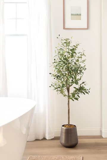 Kate and Laurel 5ft. Green Oliveira Faux Olive Tree with Round Metal Planter